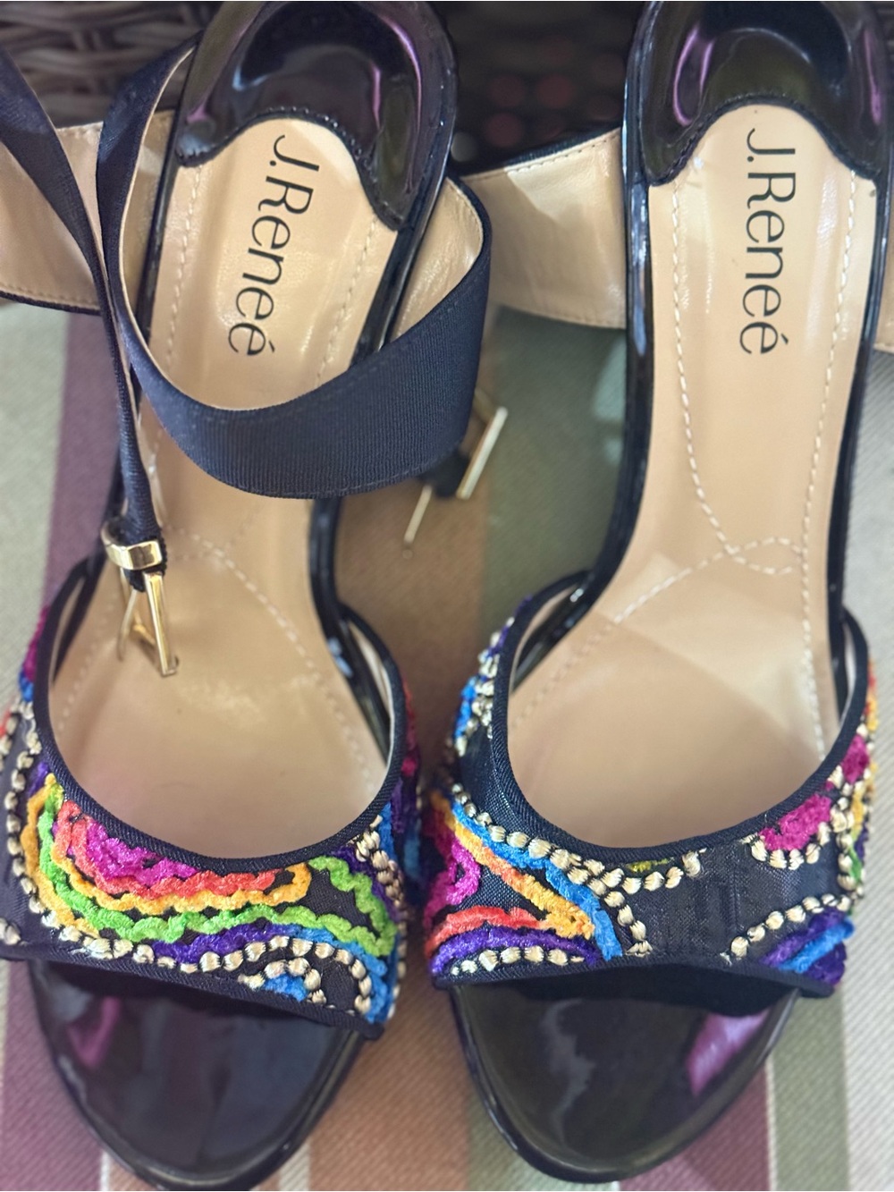 J.Renee Black Open-Toe Heels with Multicolor Embroidery